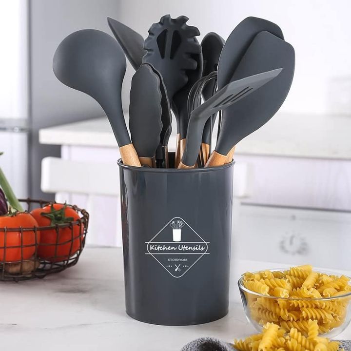 12-Piece Silicone Wooden Handle Kitchen Cooking Utensil Set