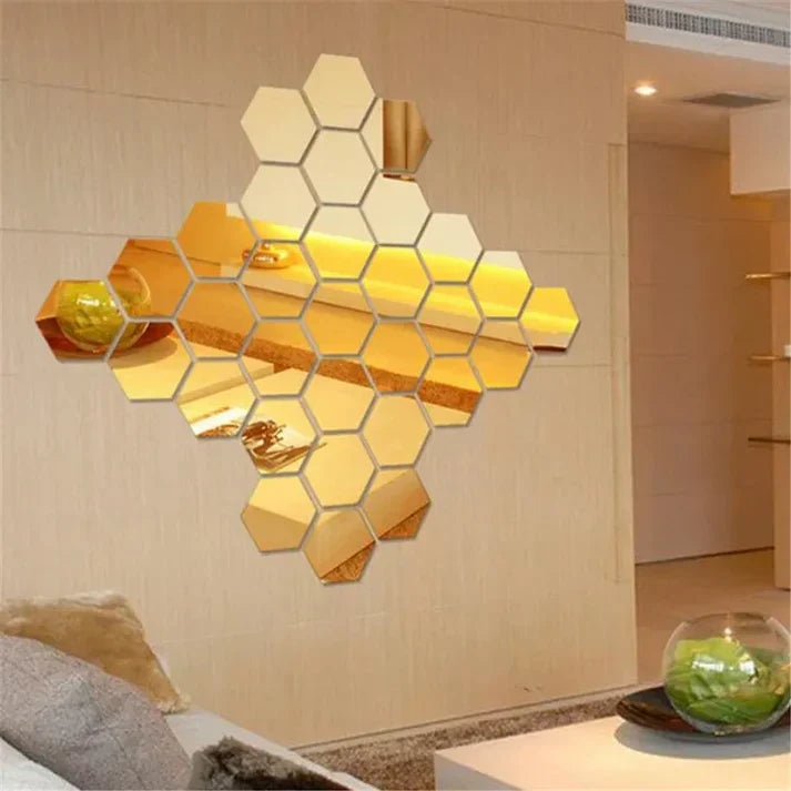 12 Pcs Gold Hexagon Mirror Décor, Home and Wall Decor 