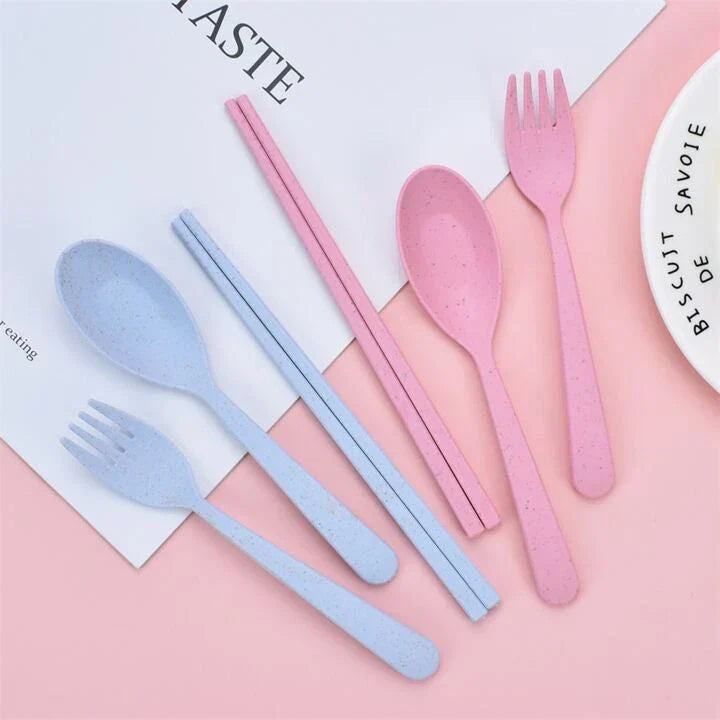 3-Pack Wheat Straw Eco Cutlery Set — Fork, Spoon & Chopsticks