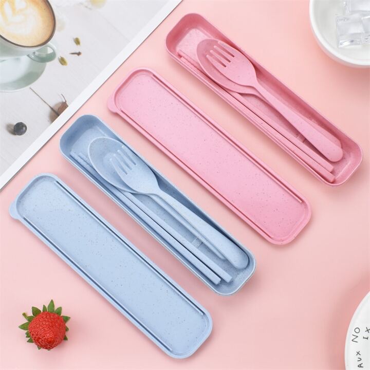 3-Pack Wheat Straw Eco Cutlery Set — Fork, Spoon & Chopsticks