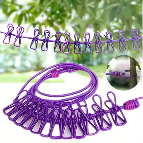 Portable Elastic Clothesline Rope With Hooks & Clips