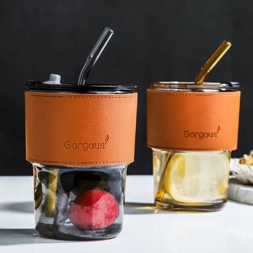 Slub Glass Smoothie Cup With Straw & Leather Sleeve Cover