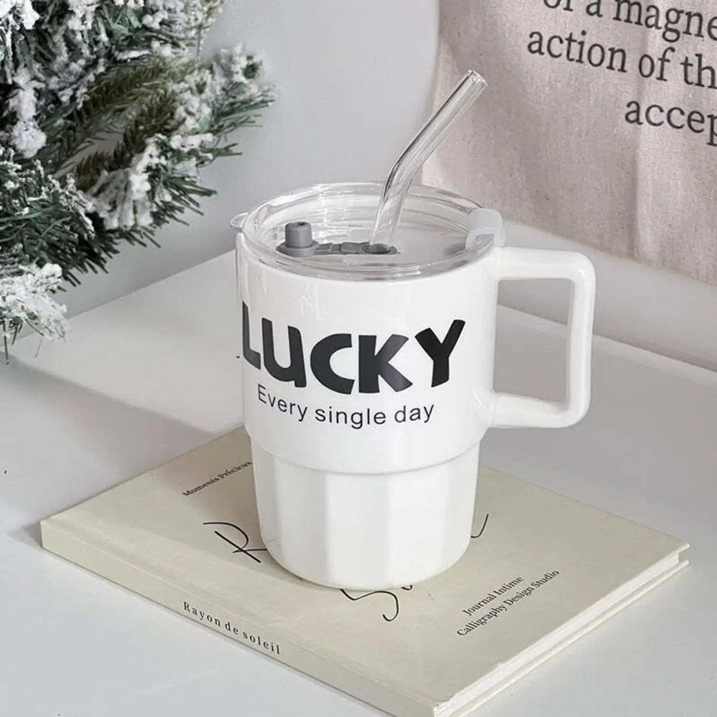 Aesthetic Coffee Mug with Lid & Straw