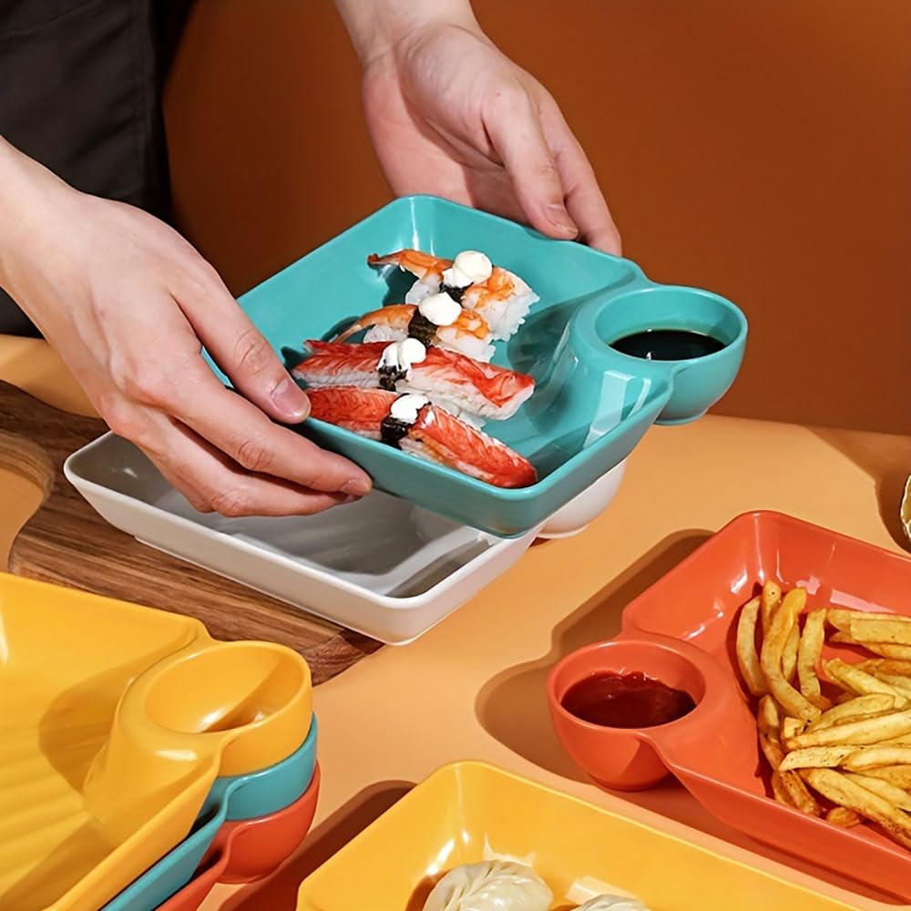 4-Piece Square Dumpling Serving Plate With Sauce Sections