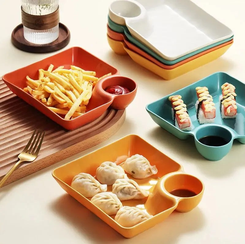 4-Piece Square Dumpling Serving Plate With Sauce Sections
