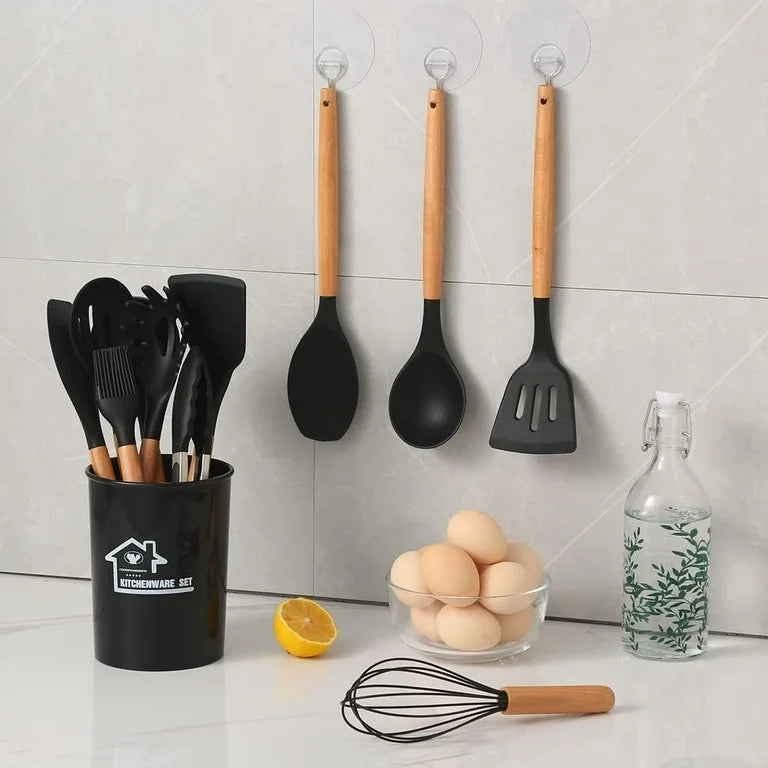 12-Piece Silicone Wooden Handle Kitchen Cooking Utensil Set