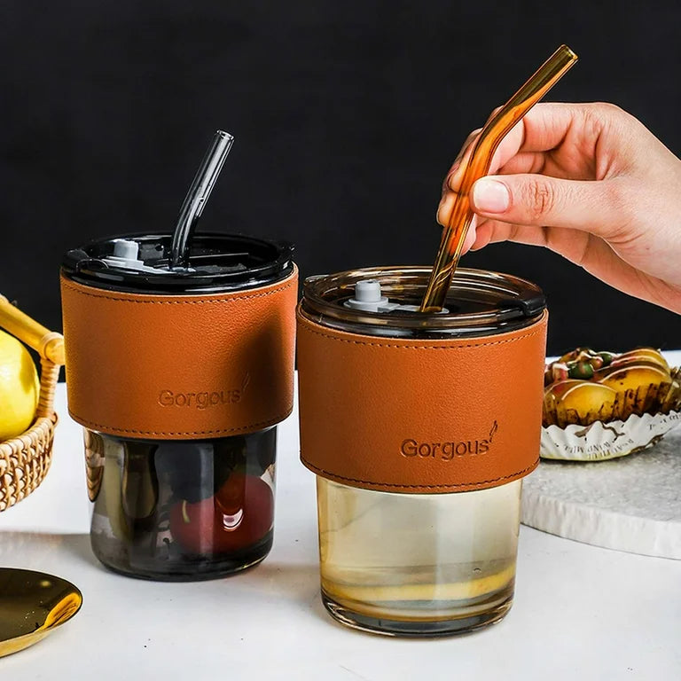 Slub Glass Smoothie Cup With Straw & Leather Sleeve Cover