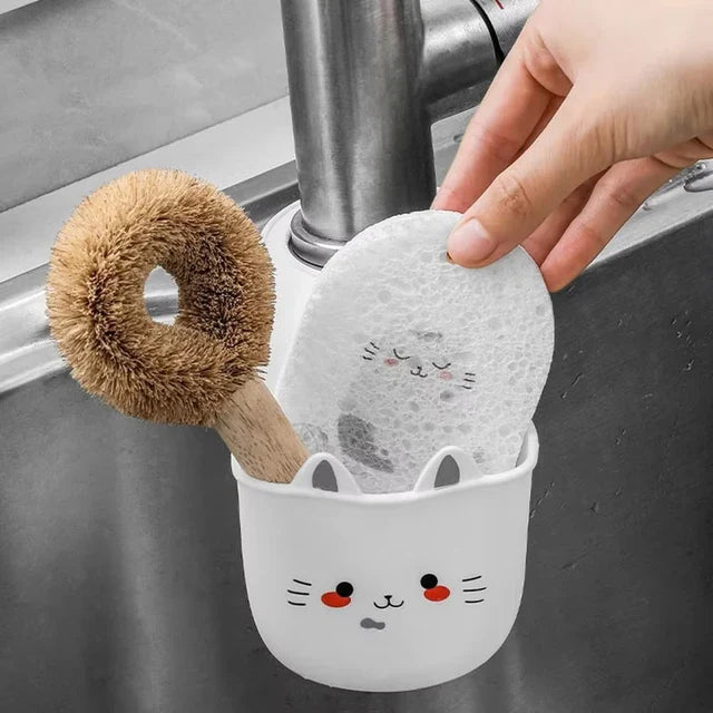 Cartoon Cat Kitchen Sink Sponge & Brush Holder