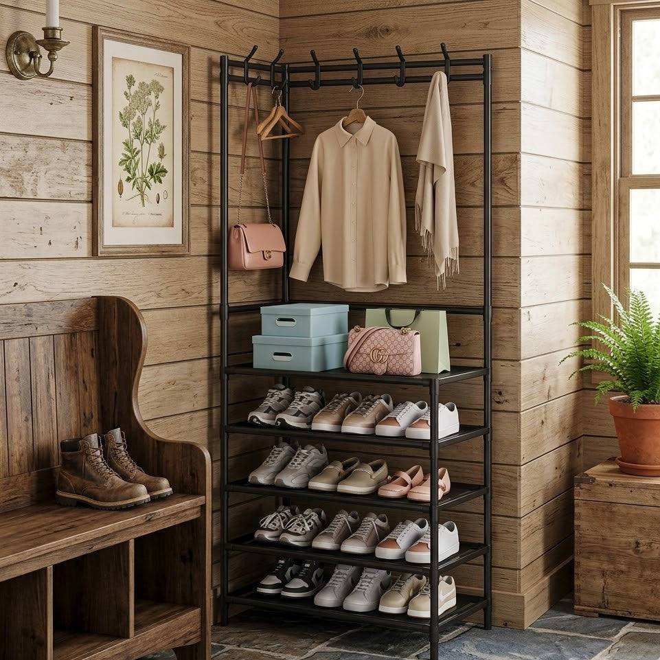 Entryway Corner Shoe Rack with Multi Hooks