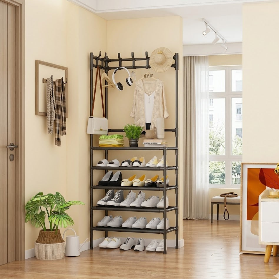 Metal Frame Corner Shoe Rack with Utility Hooks