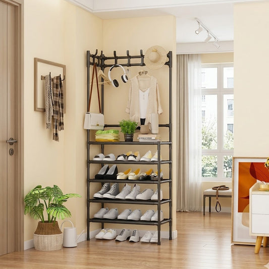 Metal Frame Corner Shoe Rack with Utility Hooks