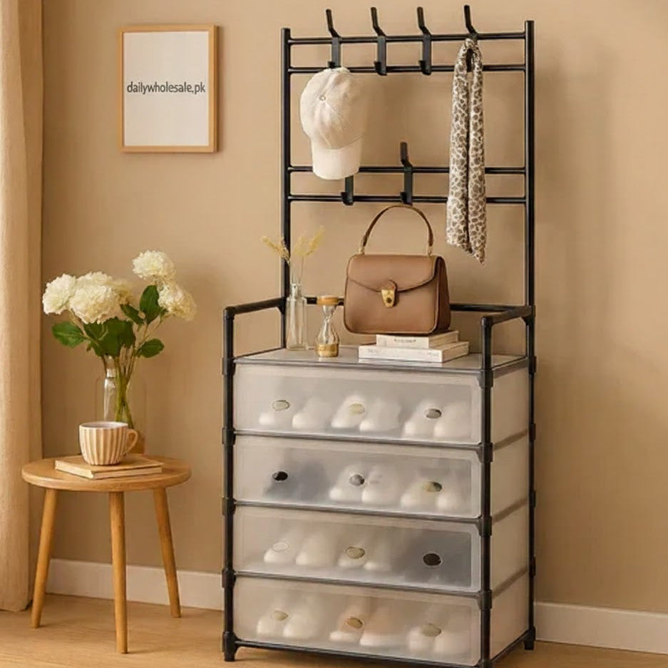 Multi-Functional Storage Cabinet with Coat Rack & Hooks, Wardrobe and Organizer 