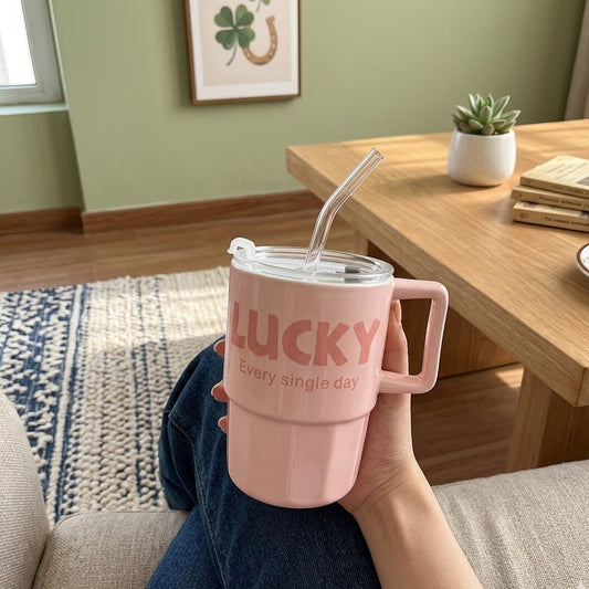 Premium White Mug with Lid & Glass Straw