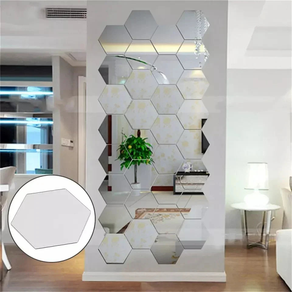 Silver Shine Hexagon Mirror Tiles, Home and Wall Decor 