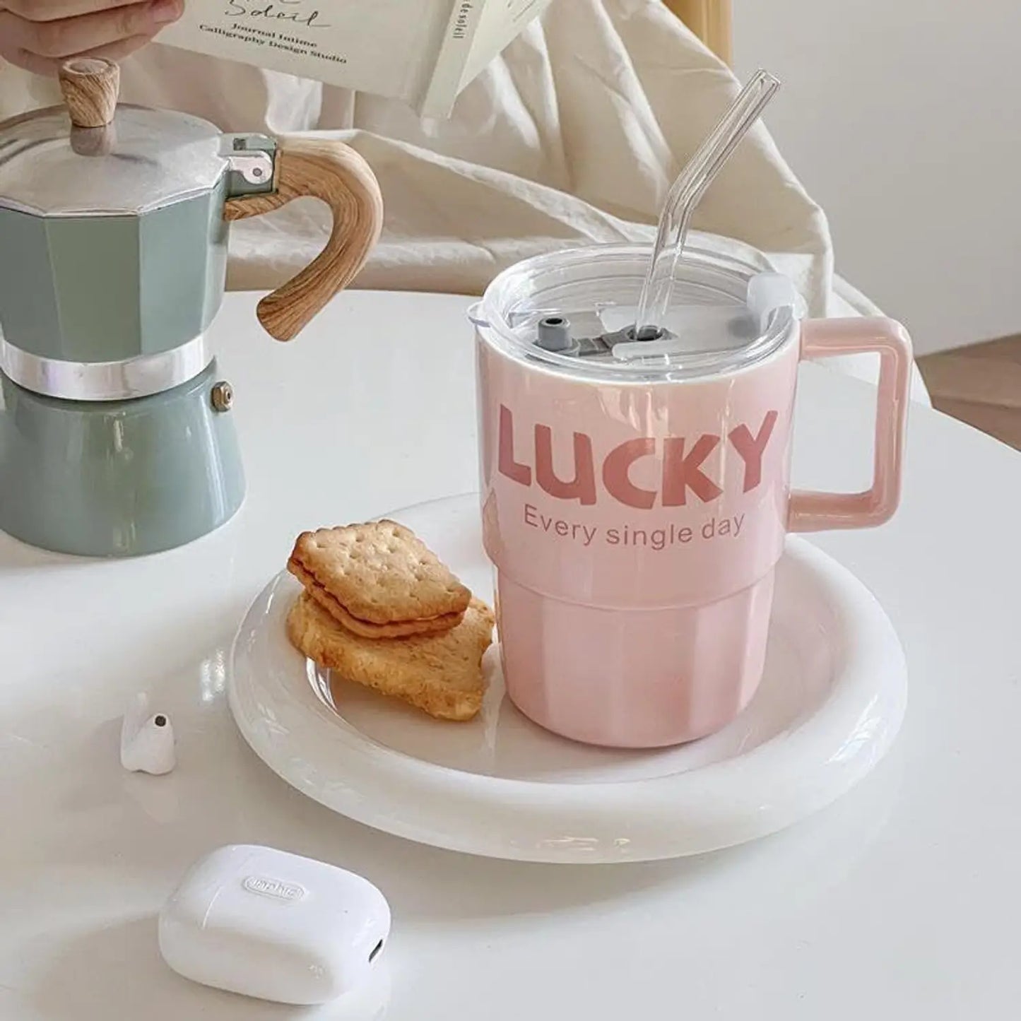 Trendy Coffee Cup with Lid & Reusable Straw