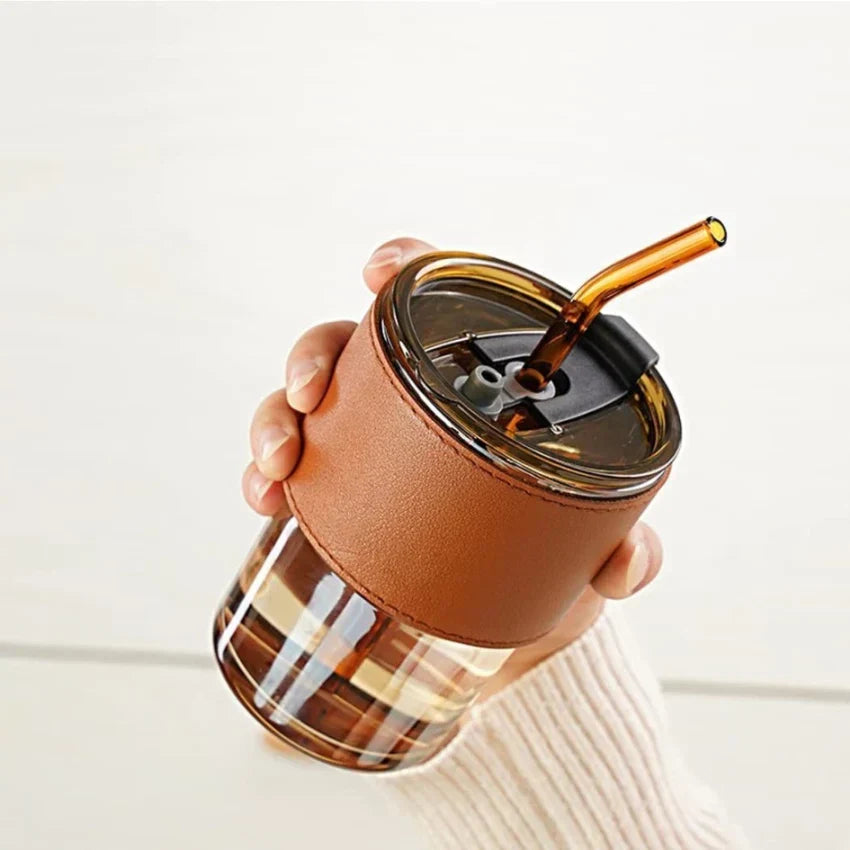 Slub Glass Smoothie Cup With Straw & Leather Sleeve Cover
