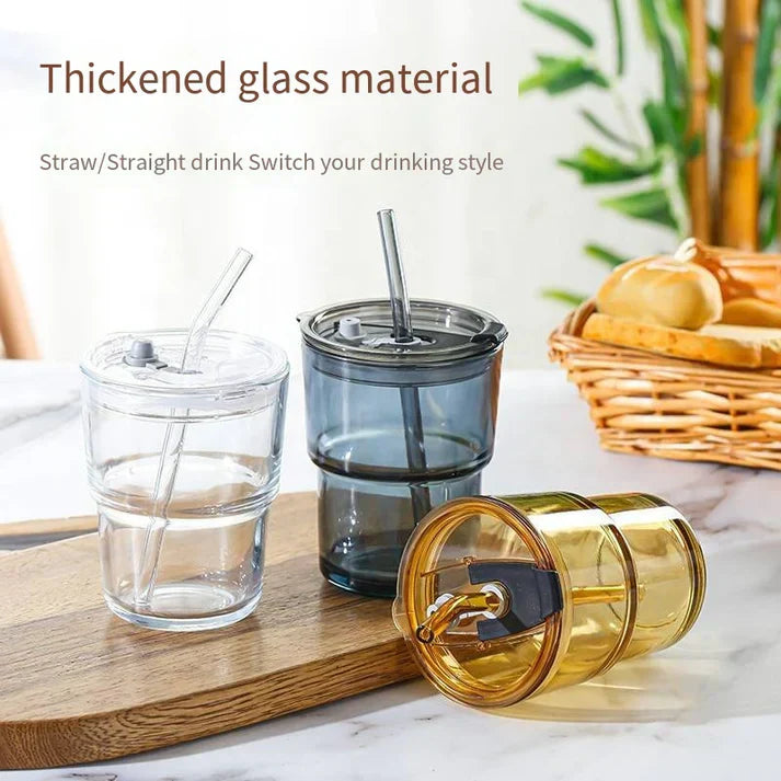 Slub Glass Smoothie Cup With Straw & Leather Sleeve Cover