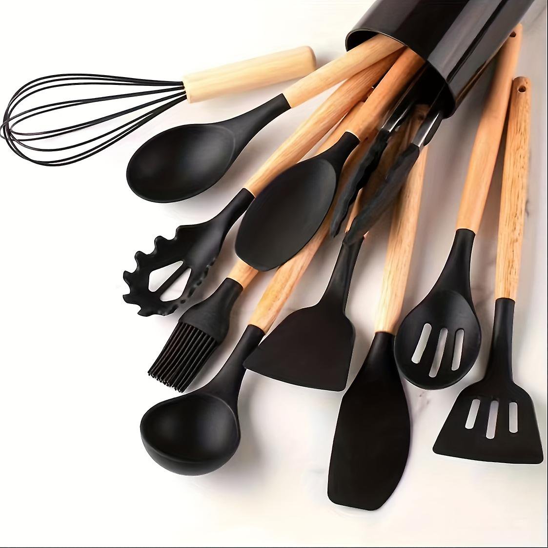 12-Piece Silicone Wooden Handle Kitchen Cooking Utensil Set