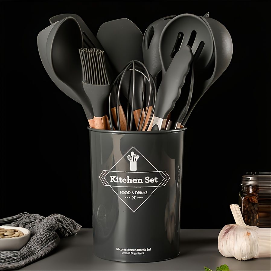 12-Piece Silicone Wooden Handle Kitchen Cooking Utensil Set