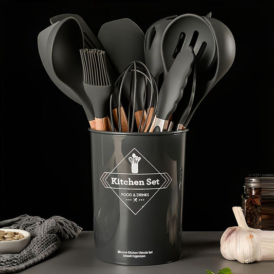 12-Piece Silicone Wooden Handle Kitchen Cooking Utensil Set