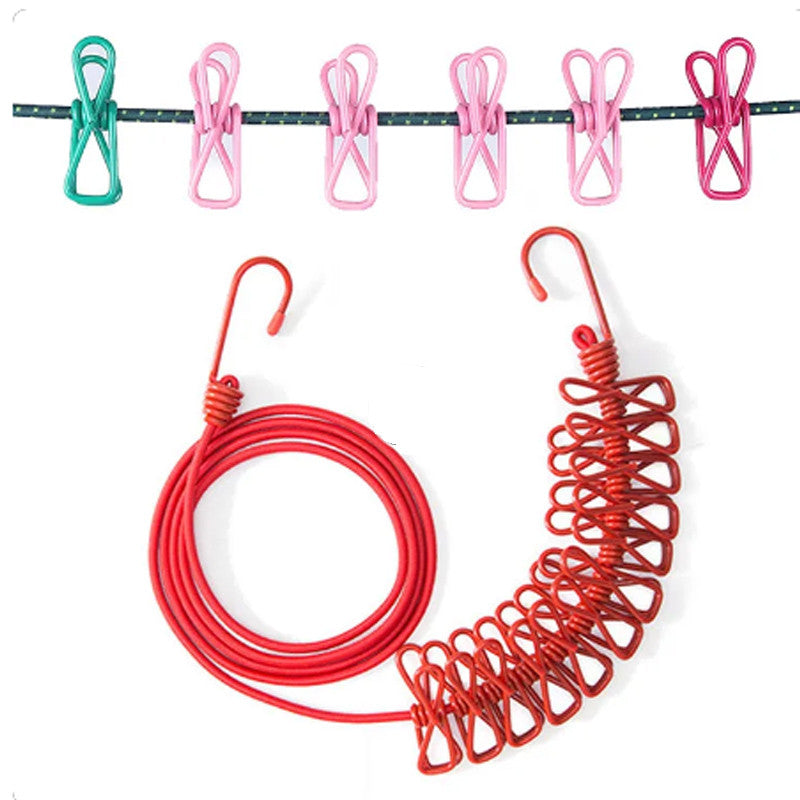 Portable Elastic Clothesline Rope With Hooks & Clips